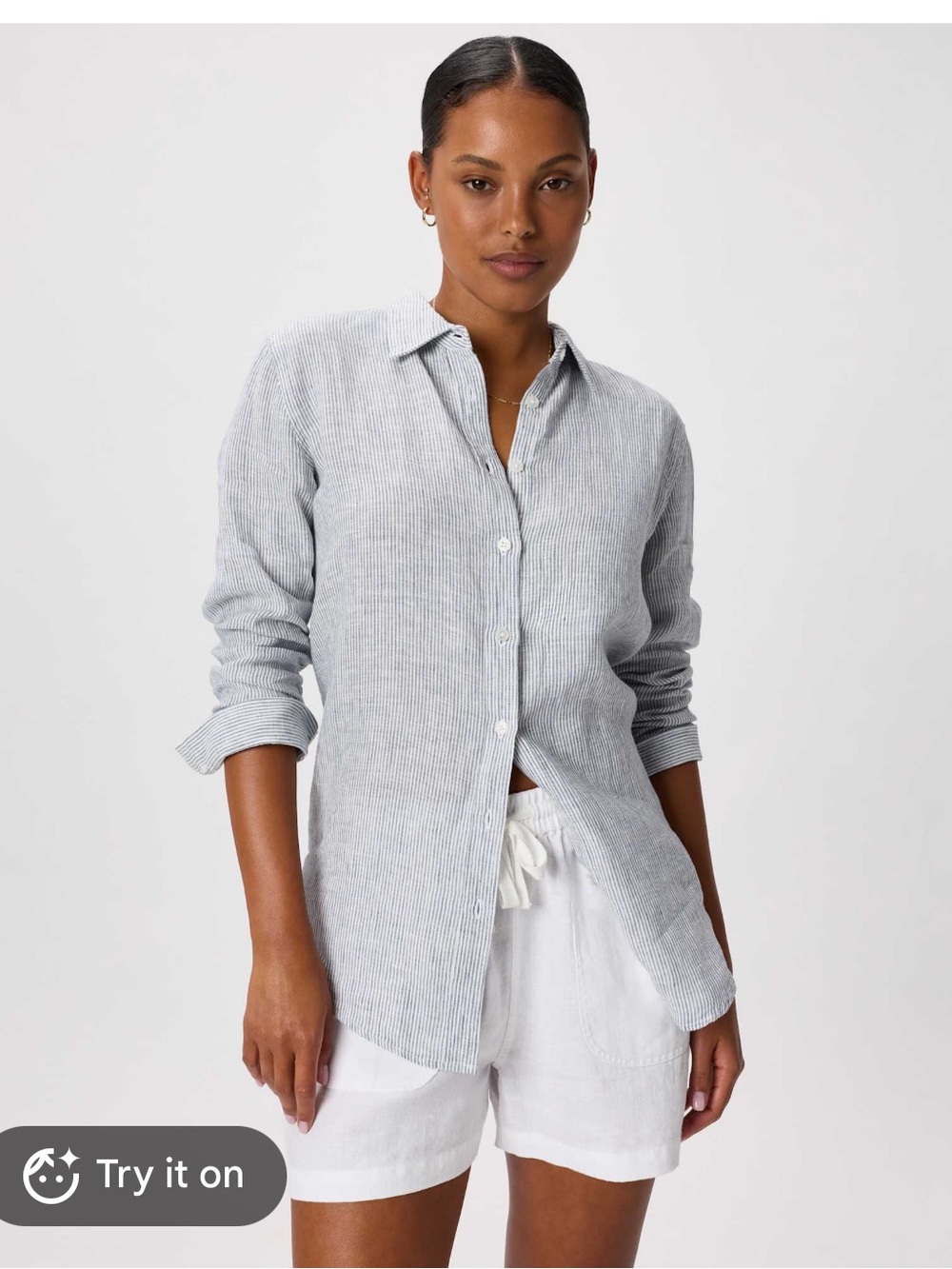 Calypso St. Barth Linen Striped Blue Long Sleeve Button Down Blouse sz M